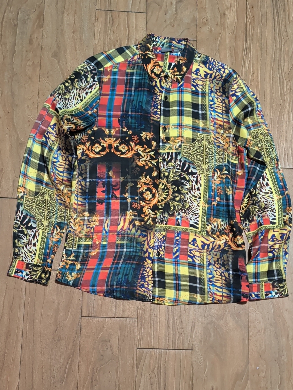 ASOS Multicolor Patchwork Plaid & Baroque Button-Down Shirt